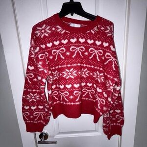 Pink Rose Festive Red and White Sweater